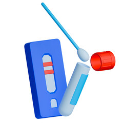 3D illustration of swab and test tube with test kit showing positive result.