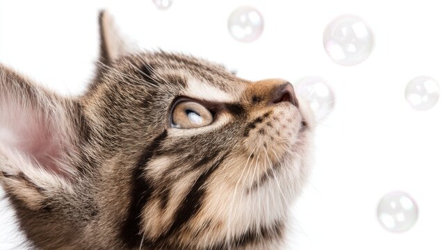 Close-up of a curious tabby kitten with distinct dark and light brown stripes, wide eyes, pink inner ears, and fine whiskers - Powered by Adobe