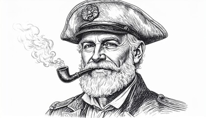 Detailed Pen and Ink Drawing of a Sea Captain Smoking a Pipe