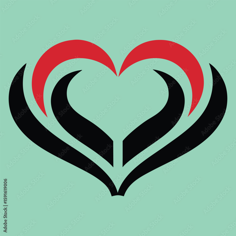 Poster modern glossy red and black double heart symbol with smooth gradients and sharp curves