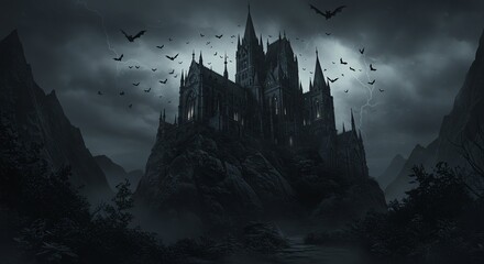 Dark castle on rocky mountain with stormy sky and bats