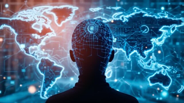 A digital human figure facing a world map symbolizes global digital transformation. 4k video