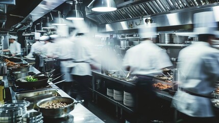 Chefs in fine dining kitchen working in harmony during restaurant service hours