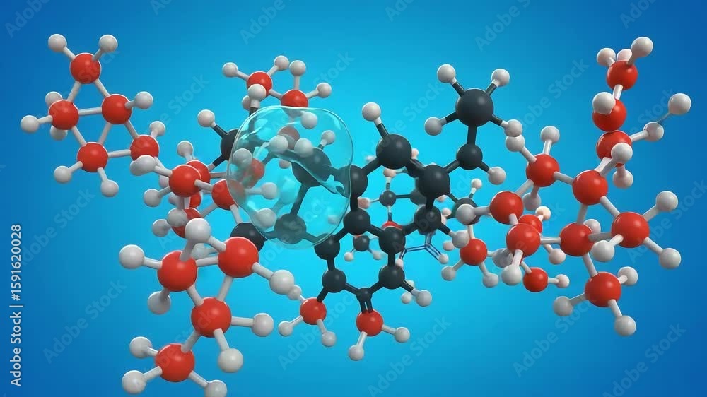 Aufkleber abstract molecular structure visualization with red and white atoms on a blue background