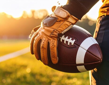 American Football player holding ball at sunset