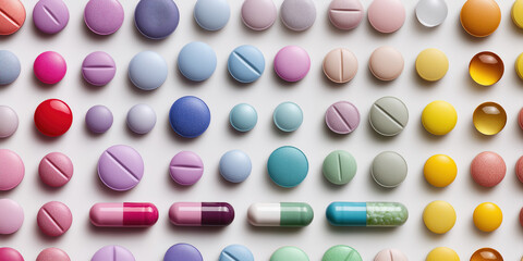 organized pattern of pharmaceutical pills and capsules sorted by color and shape, grid layout on white background. Panorama