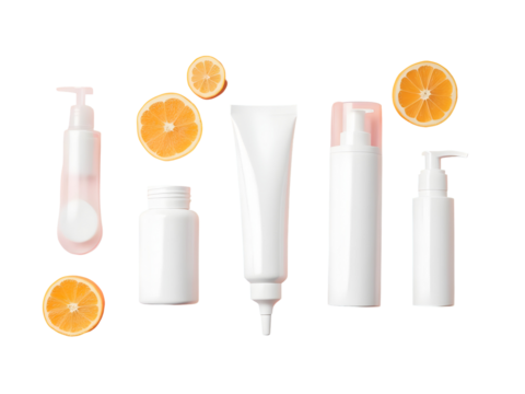White Skincare Product Bottles and Tubes with Orange Slices on Black Background isolated on a transparent background