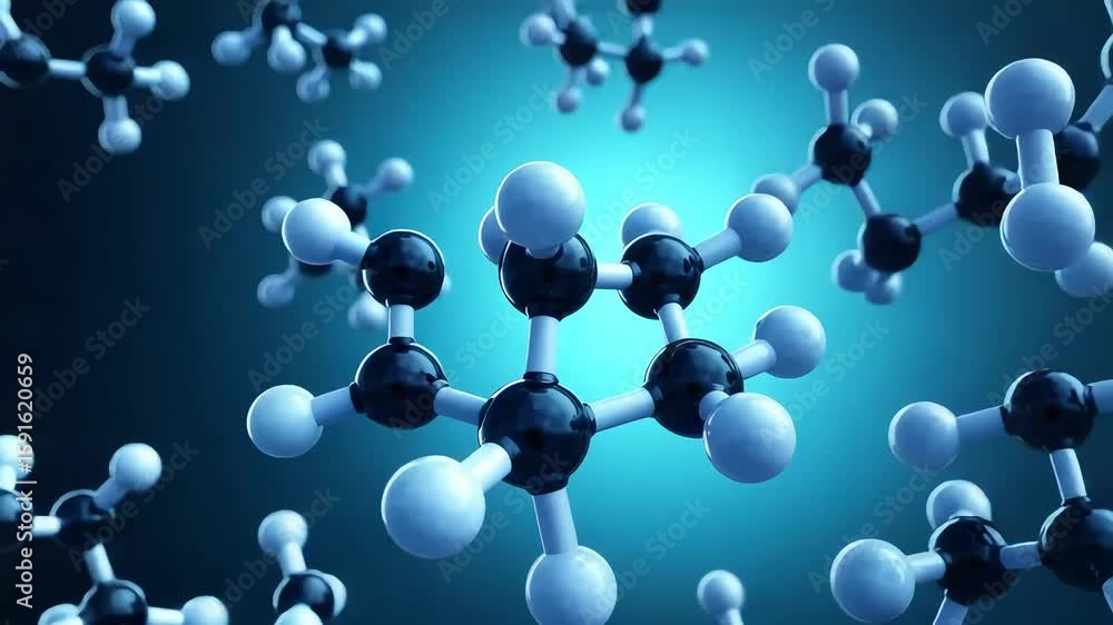Poster abstract molecular structures floating against gradated teal background with blue spheres and dark g