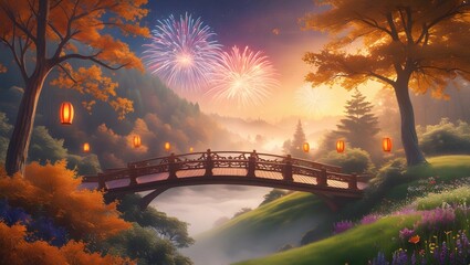 Celebration in Nature – Lantern-Lit Pathway with Colorful Sky Bursts and Autumn Leaves