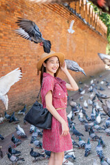 Young Asian woman exploring Tha Phae Gate, a heritage landmark in Chiang Mai, Thailand. Female...