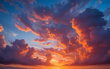 Fototapeta premium Vivid Sunset Sky with Dramatic Cloudscape in Orange and Purple Tones