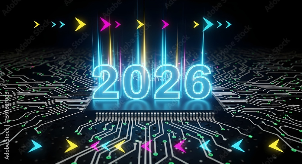 Aufkleber glowing 2026 number on microchip with circuit board background. new year technology concept. electro