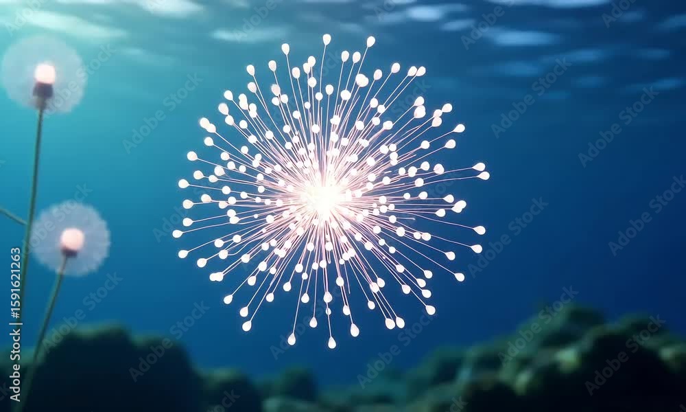 Poster abstract render of dandelion seeds underwater with a glowing central burst and soft lighting