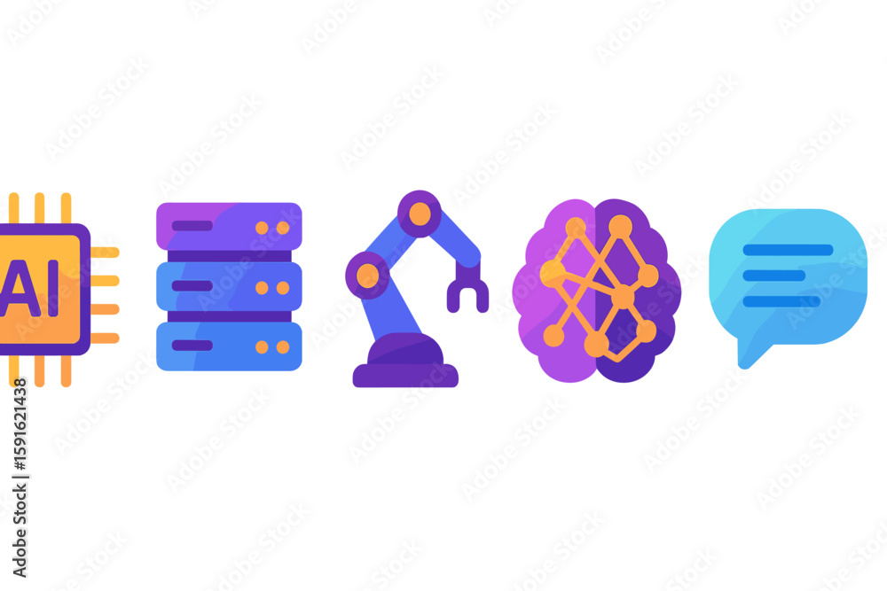 Poster understanding ai technology through symbols showcasing server, robotics, neural networks, and commun