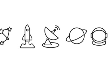 Featuring symbols of space exploration and astronomy with constellations, rockets, satellites, planets, and astronauts