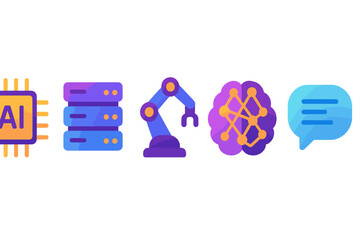 Understanding AI technology through symbols showcasing server, robotics, neural networks, and communication