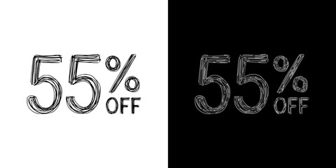 55 percent off promotional text in pencil drawing style, isolated vector image, two design variants - on transparent and black background, chalk inscription
