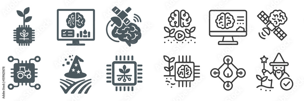 Poster icons illustrating the intersection of technology and nature in various applications related to arti
