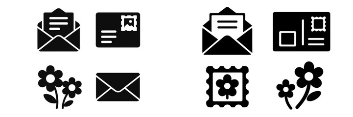 Illustrations of envelopes, postcards, and flowers for various communication themes