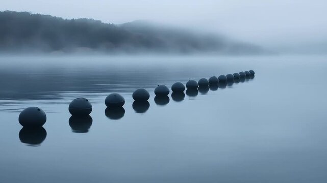 A tranquil morning unveils a serene lake with floating buoys stretching across, mirroring the misty landscape and capturing the ethereal calm.