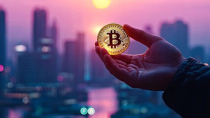 hands holding bitcoin cryptocurrency coins modern city background and shining sun symbolizes joint business and united world - Powered by Adobe