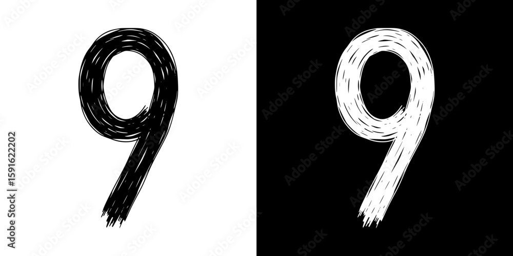 Poster abstract pencil drawing of number 9 nine, isolated vector image, two design variants - on transparen