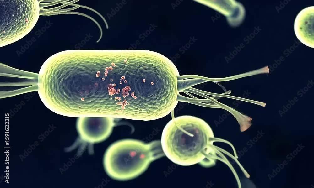 Poster animated close up of bacteria cells displaying green and red colors on dark background