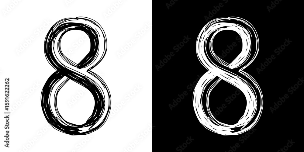 Poster pencil drawing of number 8 ieight, isolated vector image, two design variants - on transparent and b
