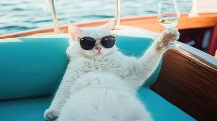 White cat relaxing on boat with sunglasses and wine
