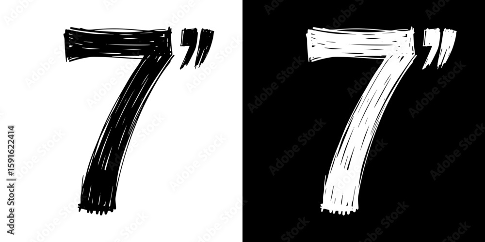 Poster pencil drawing of number 7 seven, isolated vector image, two design variants - on transparent and bl
