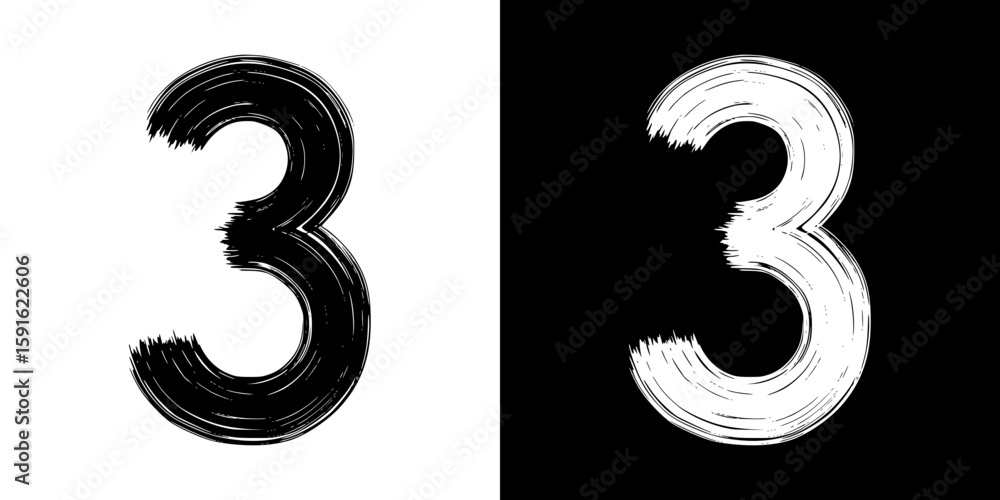 Aufkleber pencil drawing of number three, isolated vector image, two design variants - on transparent and blac