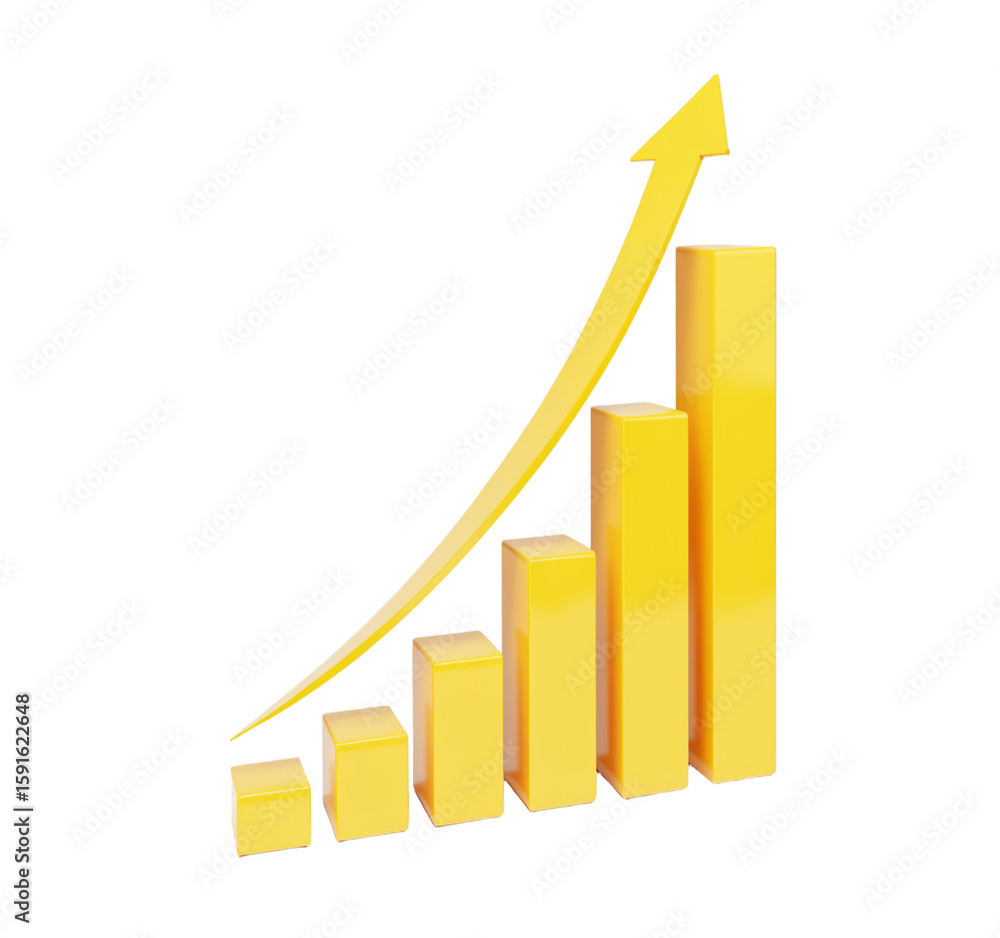 Poster business growth chart showing ascending yellow rectangular bars with a curved arrow line connecting 