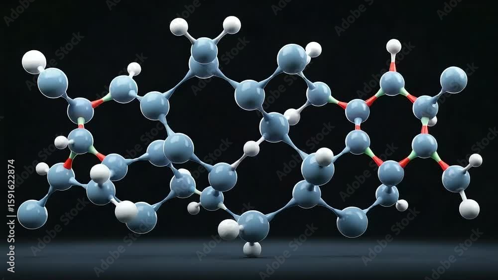 Poster animated molecular structure with blue spheres and connected elements on a dark background