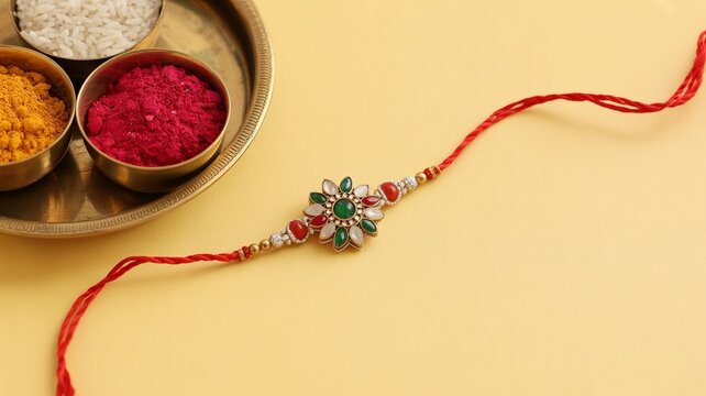 Decorative Rakhi with Roli Chawal for Raksha Bandhan Festive Celebration Setup