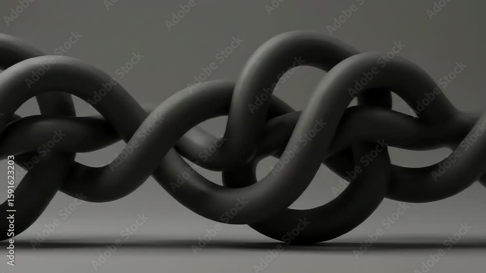 Poster abstract representation of intertwined black ropes creating intricate patterns against a gray backdr