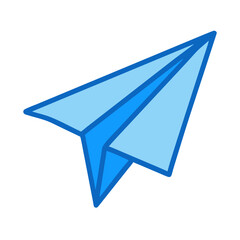 Colored vector icon of a blue paper plane, symbolizing messages, social media, and digital communication.  Clean modern design on a transparent background
