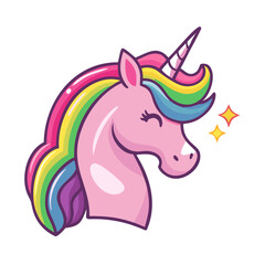 Colored vector icon of a pink unicorn with rainbow mane, symbolizing fantasy, magic, and mythical creatures. Isolated on a transparent background
