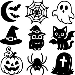 Fototapeta premium A collection of nine simple, black and white Halloween icons.