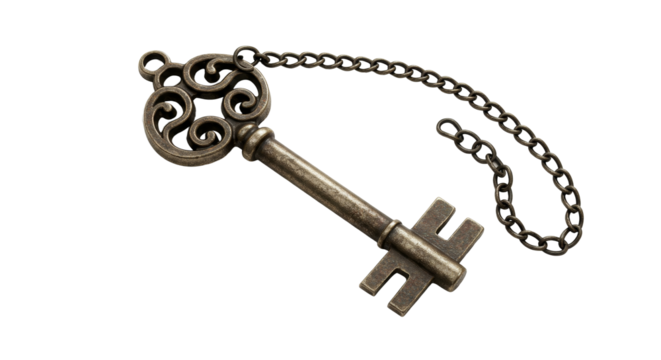 Antique Style Key with Chain Isolated on White