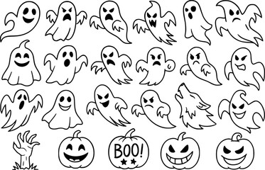 Cute Halloween Ghosts and Pumpkins Black and White Vector Icons