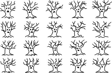 A set of 20 simple, black and white illustrations of bare trees with exaggerated, spooky faces.