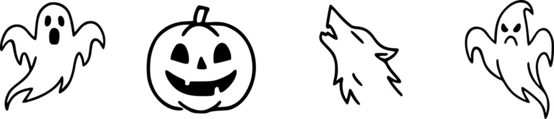 Cute Halloween Vector Illustration with Ghost, Pumpkin, and Wolf