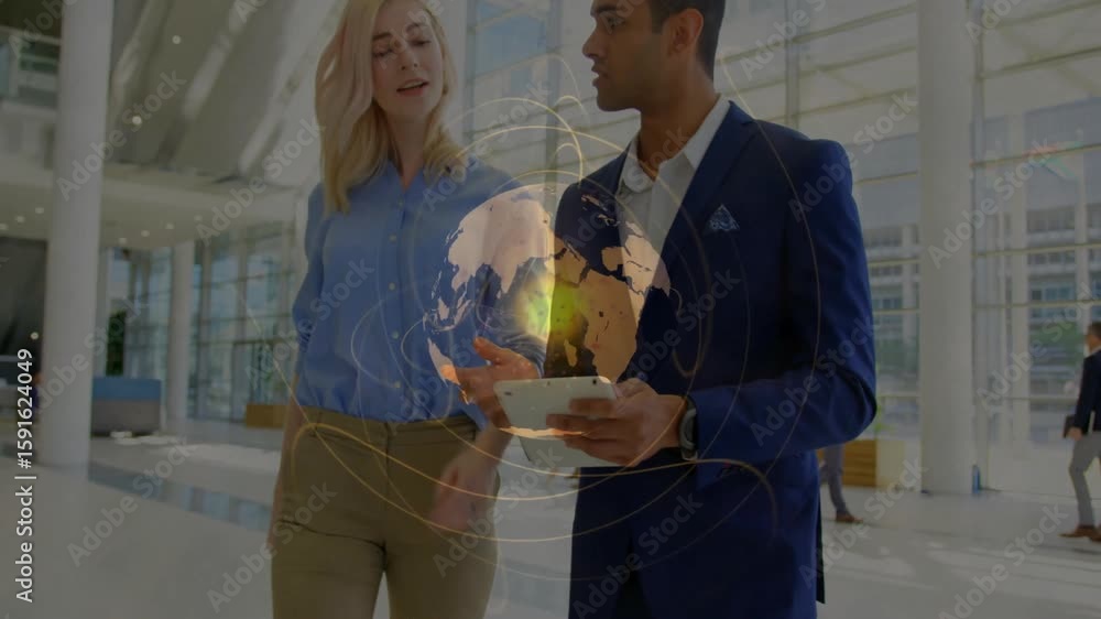 Aufkleber two business professionals walking atrium tapping tablet and visualizing data with rotating globe