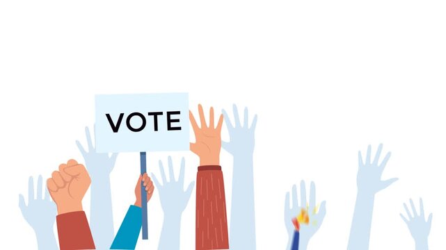 Flat illustration of protest hands holding vote signs and megaphone