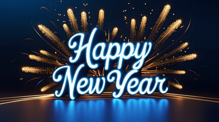 New Year Greeting Illustration with Sparkling Gold Lettering and Night Sky