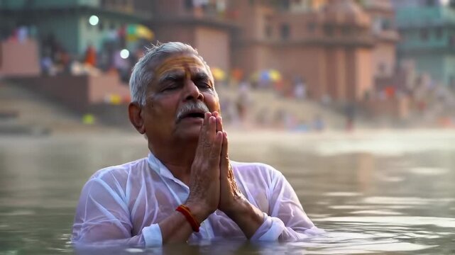Elderly man praying in a river