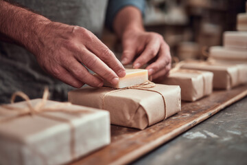 A man is wrapping a gift with a white bar of soap