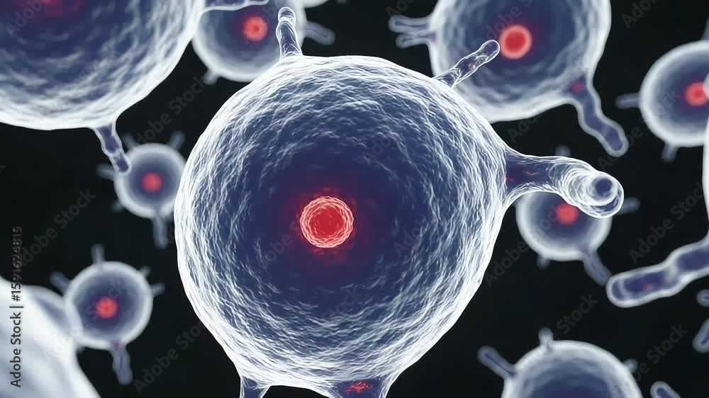 Poster close up view of animated biological cells with red nucleus in black background
