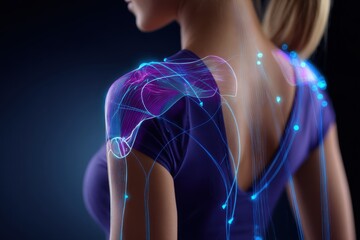 Futuristic representation of human anatomy with glowing neural connections on a model's shoulder