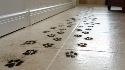 Cat paw prints on light beige tile floor